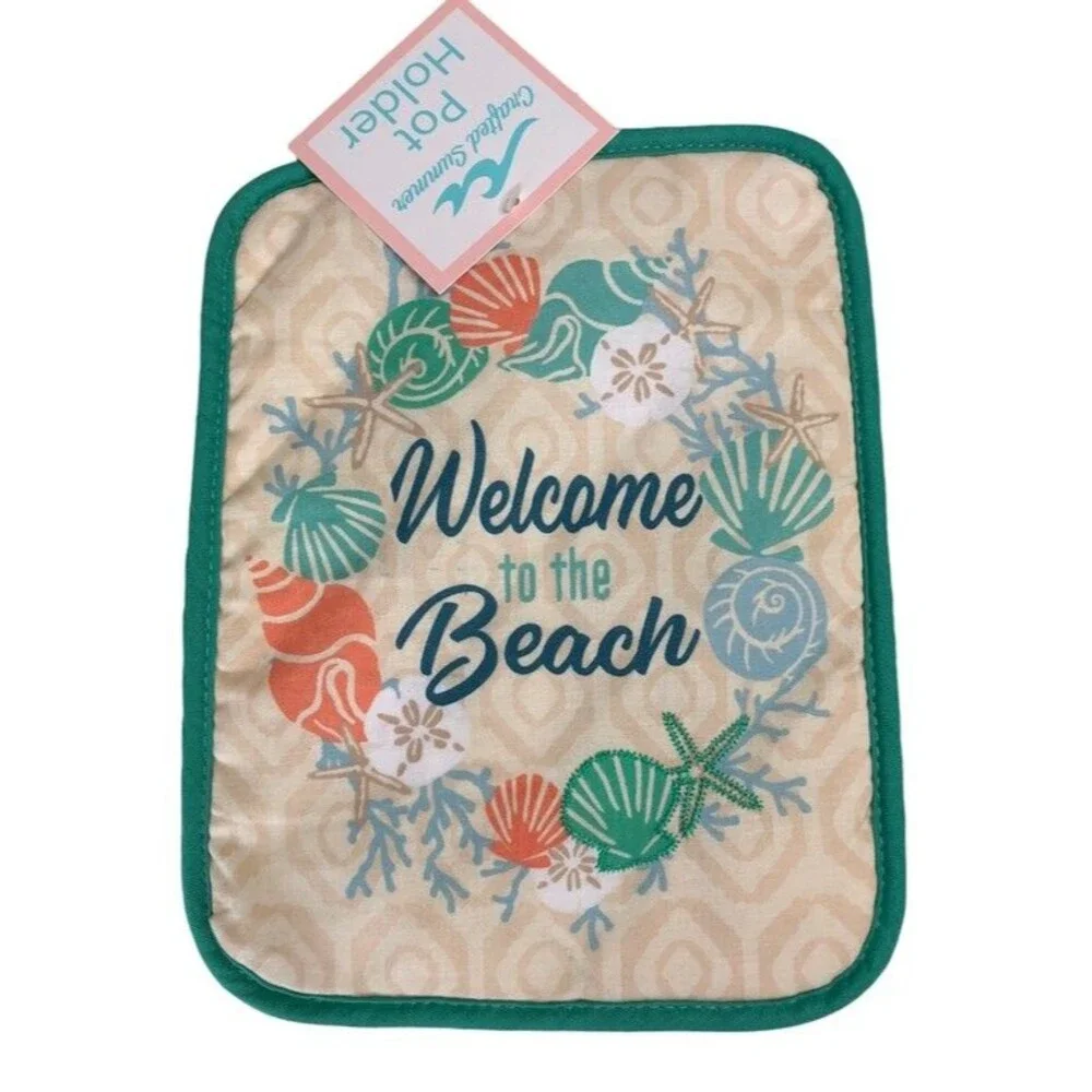 Shell Wreath Welcome Beach Dish Towel Oven Mitt Potholder Tropical Set of 3